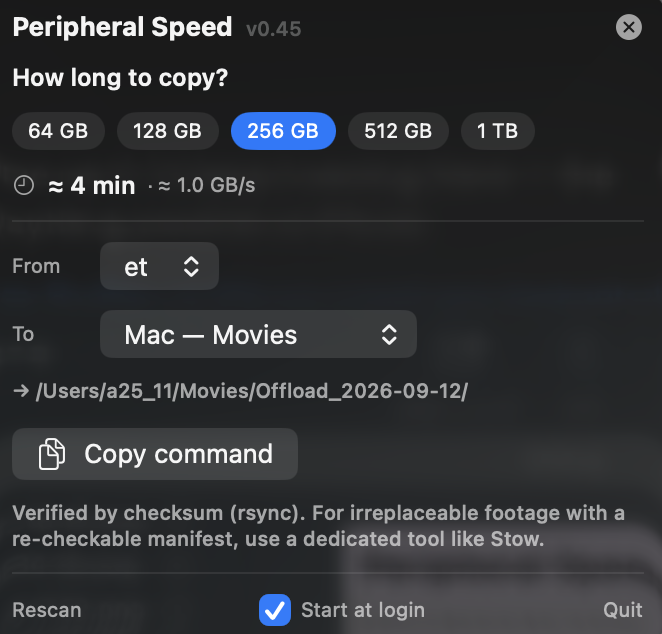 Mac offload time calculator — pick a size, choose source and destination, get a checksum-verified copy command