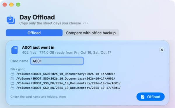A camera card goes in: Day Offload shows its shoot days and the exact backup folders, ready to offload